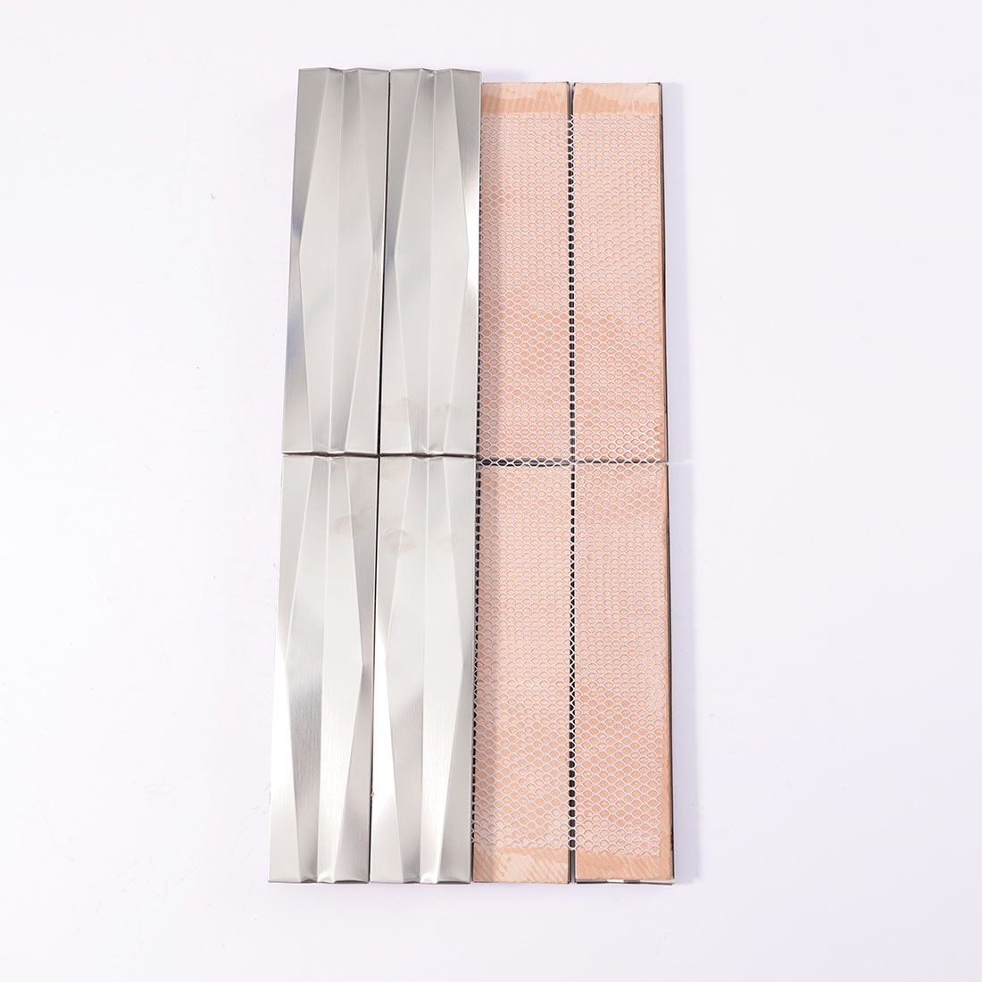 Silver 3D linear stainless steel mosaic tile sheet with mesh backing