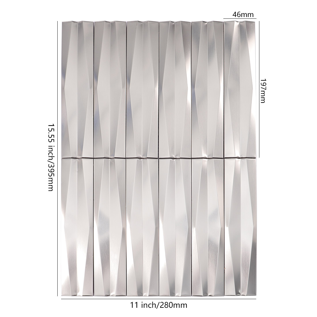 Silver 3D linear stainless steel mosaic tile sheet with 46mm by 197mm pieces