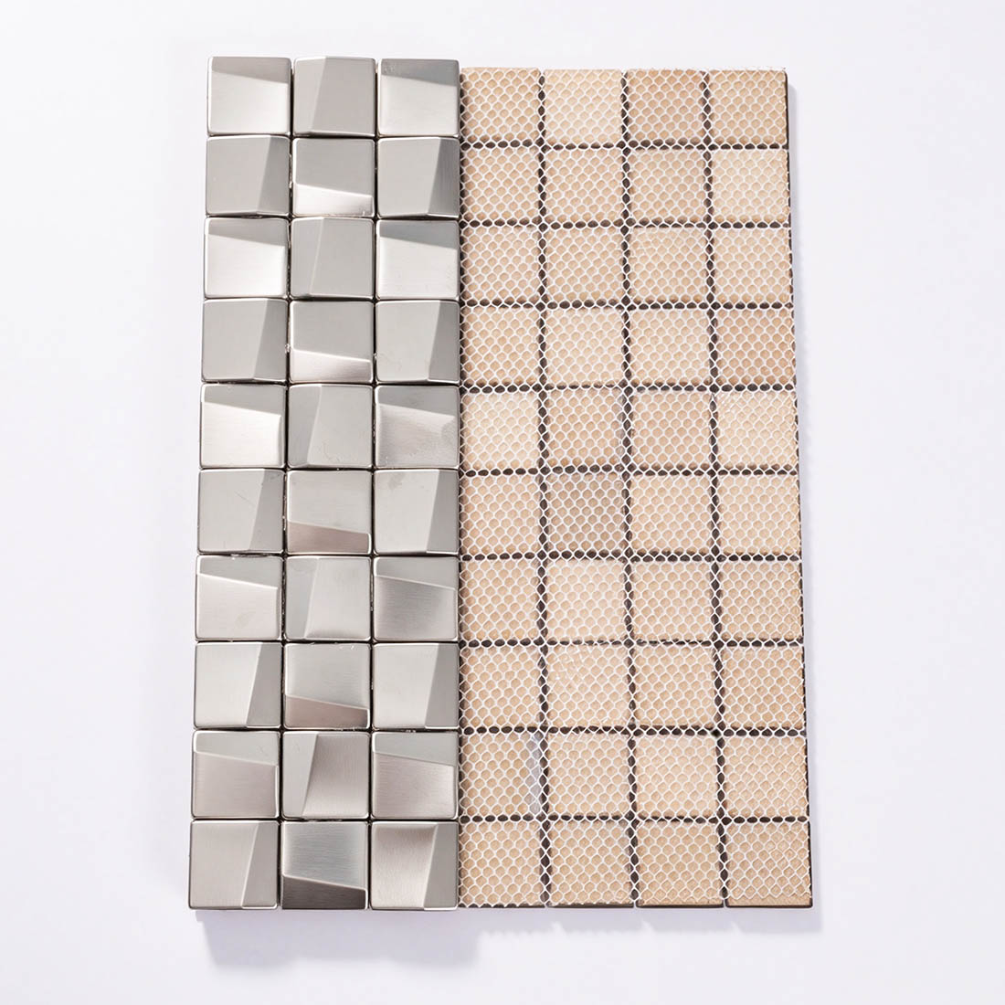 Silver 3D square stainless steel mosaic tile sheet with mesh backing