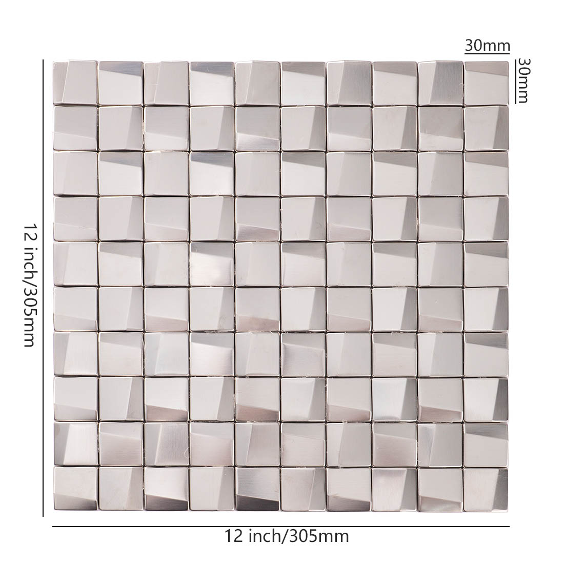 Silver 3D square stainless steel mosaic tile sheet with 30mm tiles