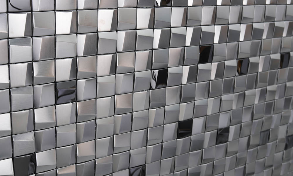 Silver beveled metal mosaic tile with glossy and brushed square pieces
