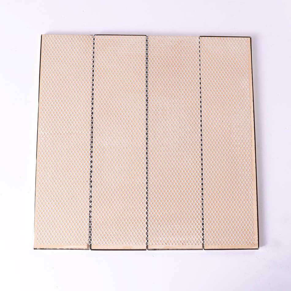 Back view of silver beveled textured metal mosaic tile with mesh backing