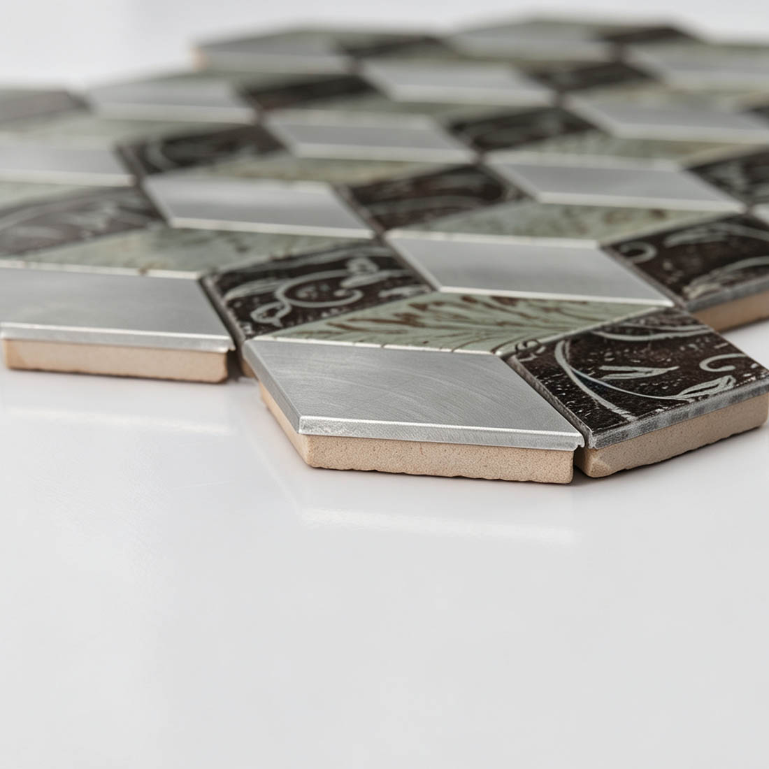 Side view of silver brown aluminum mosaic tiles showing the metal surface and base