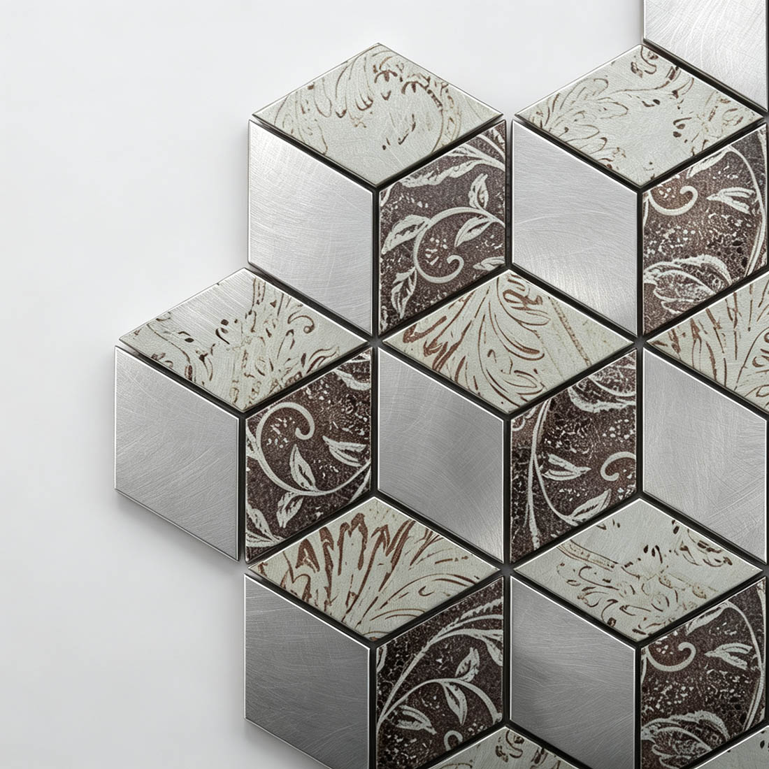 Close-up of silver brown and ivory floral aluminum cube mosaic tiles