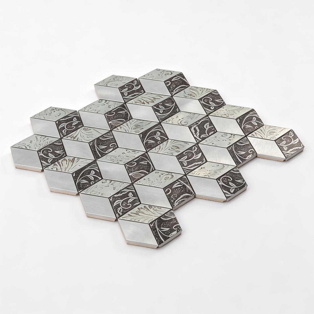 Perspective view of silver brown floral aluminum mosaic tiles with a cube pattern