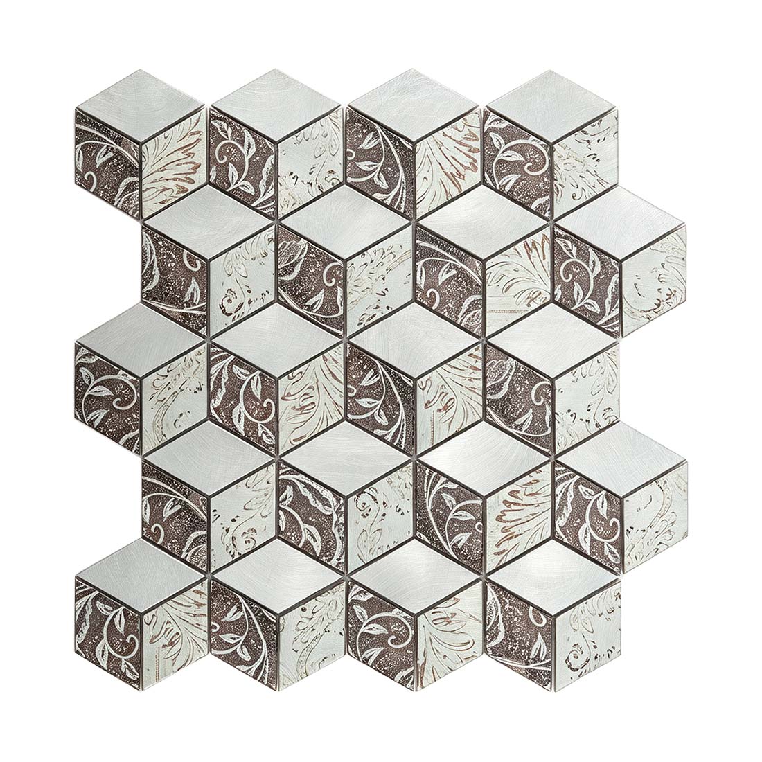 Silver and brown floral aluminum mosaic tile sheet with a geometric cube pattern