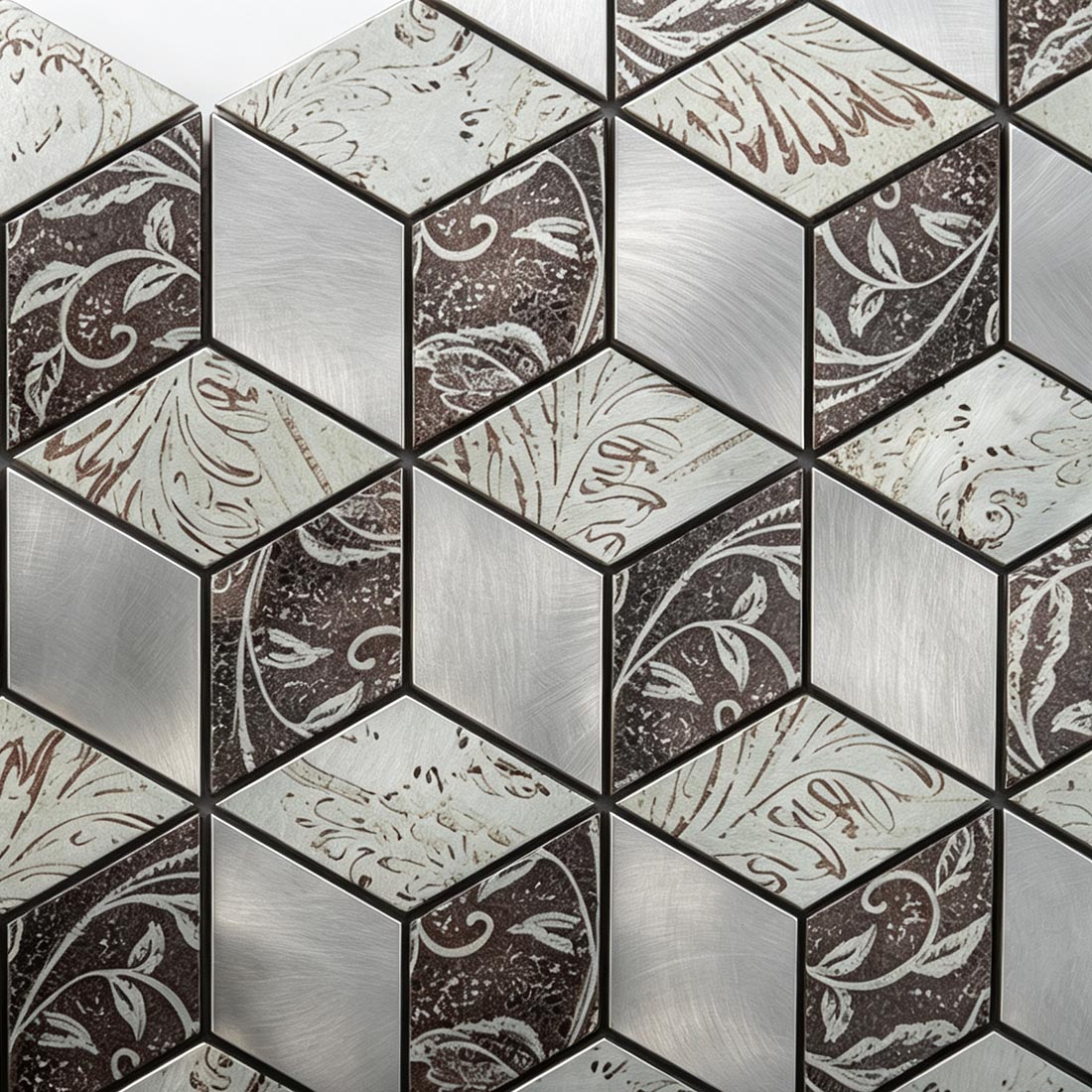 Detailed view of silver and brown floral aluminum mosaic tiles in a 3D cube design