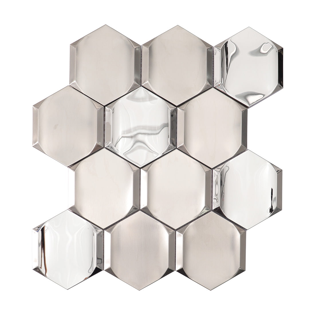 Silver brushed and mirror beveled hexagon stainless steel mosaic tile sheet