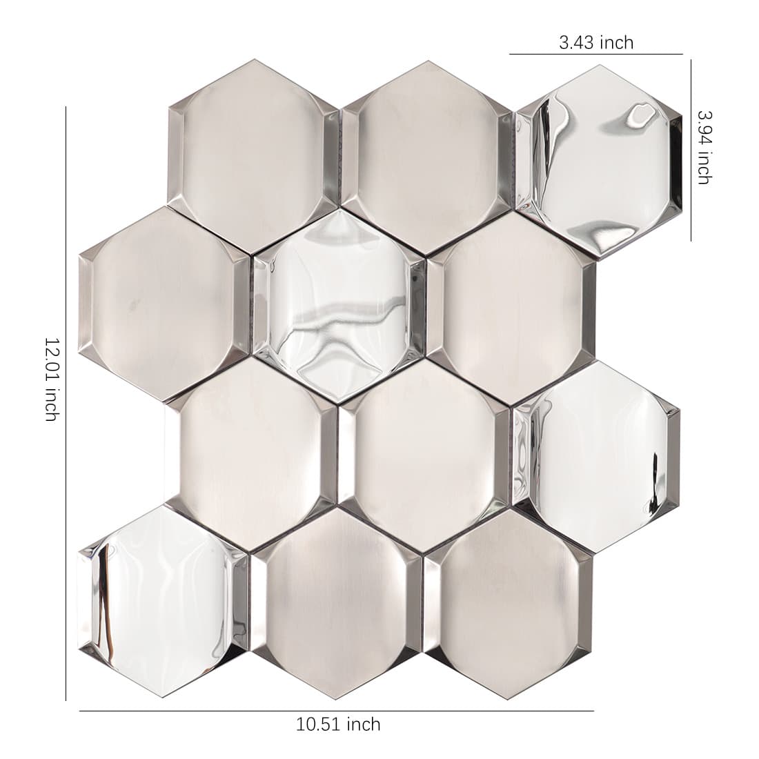 Silver brushed and mirror beveled hexagon stainless steel mosaic tile with size details