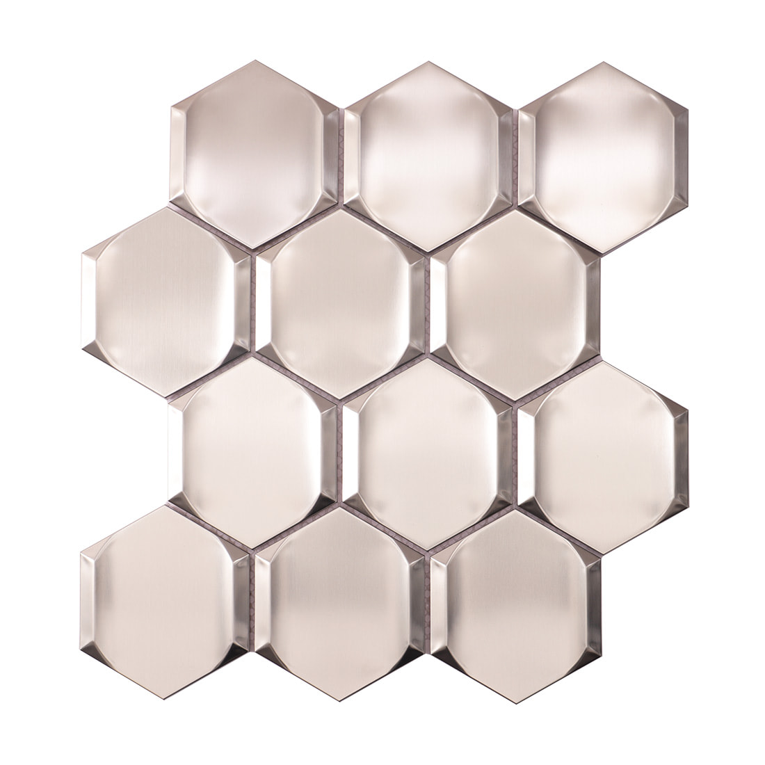 Full sheet of silver brushed beveled hexagon stainless steel mosaic tile
