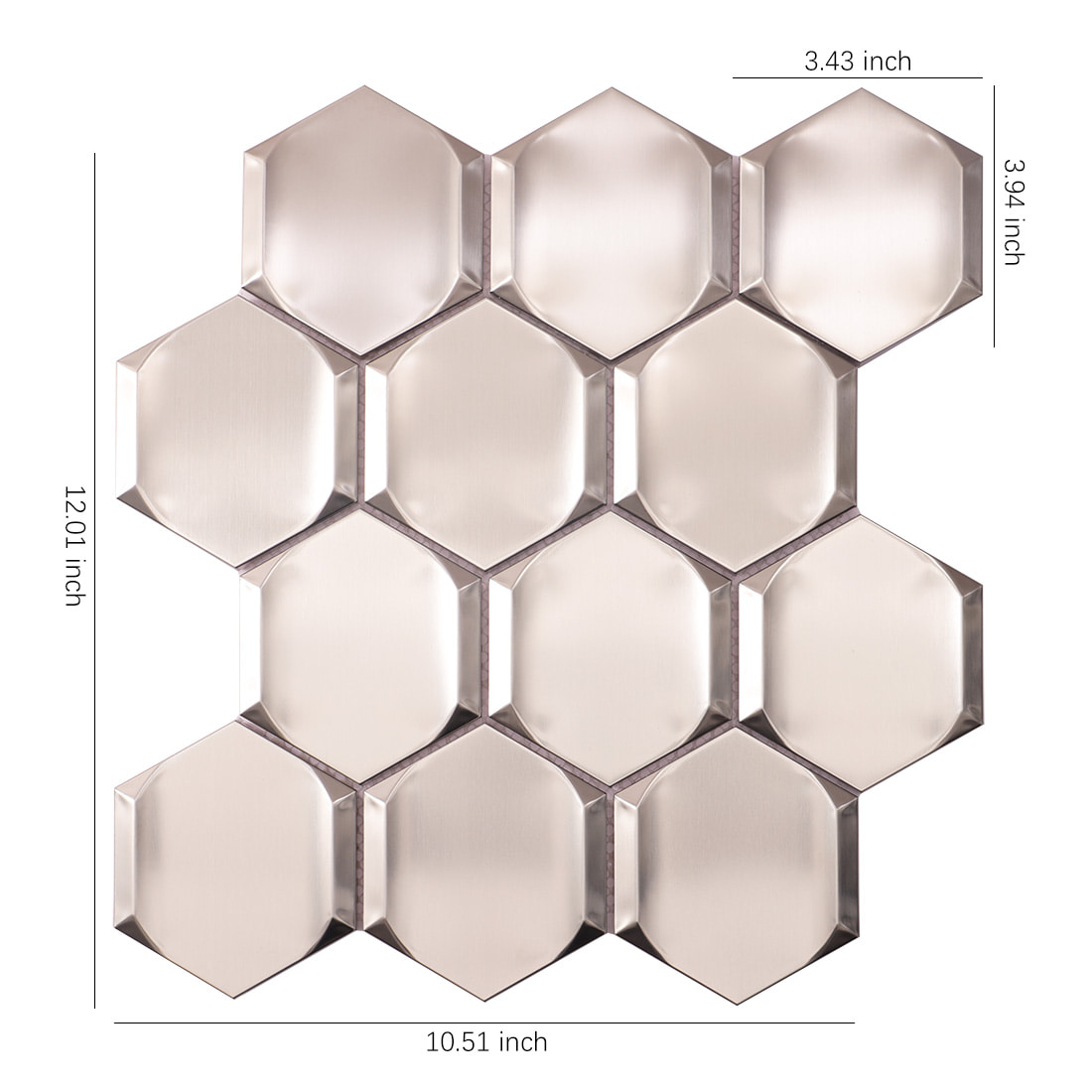 Silver brushed beveled hexagon stainless steel mosaic tile sheet with size details