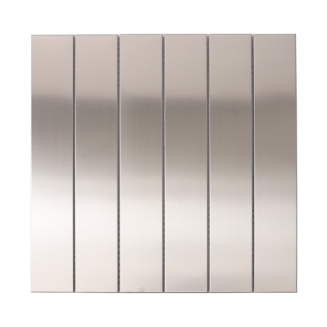 Full sheet of silver brushed linear stainless steel mosaic tiles.