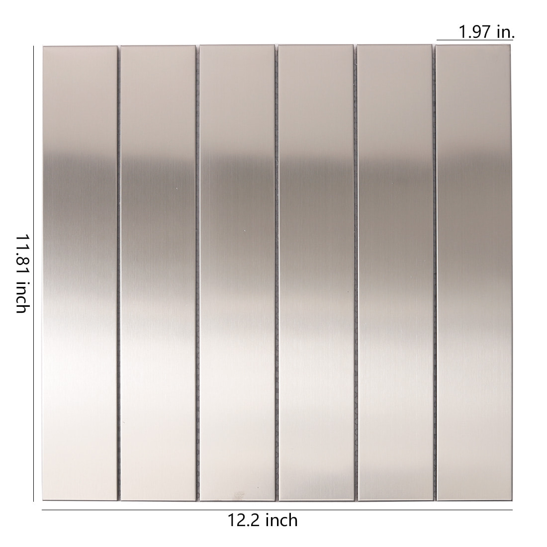 Front view of silver brushed linear stainless steel tile with dimensions.