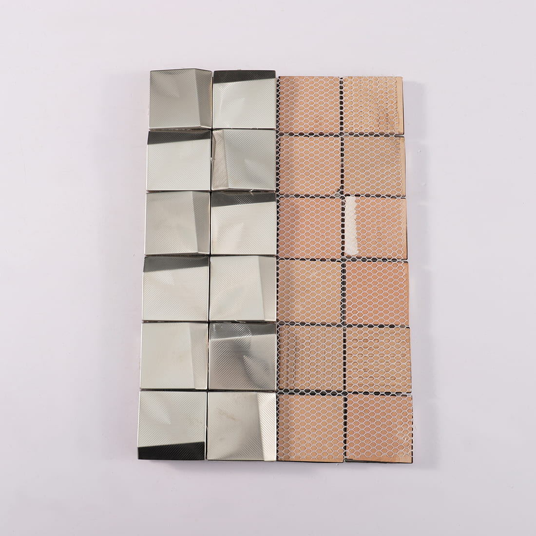 Back view of silver brushed square metal mosaic tile with mesh backing