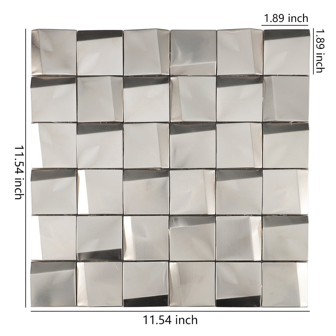Silver brushed square metal mosaic tile sheet with size details