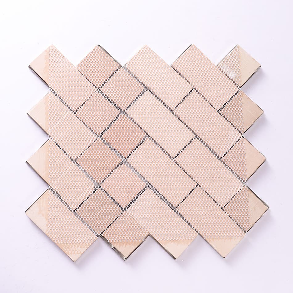 Back view of silver chevron stainless steel mosaic tile sheet