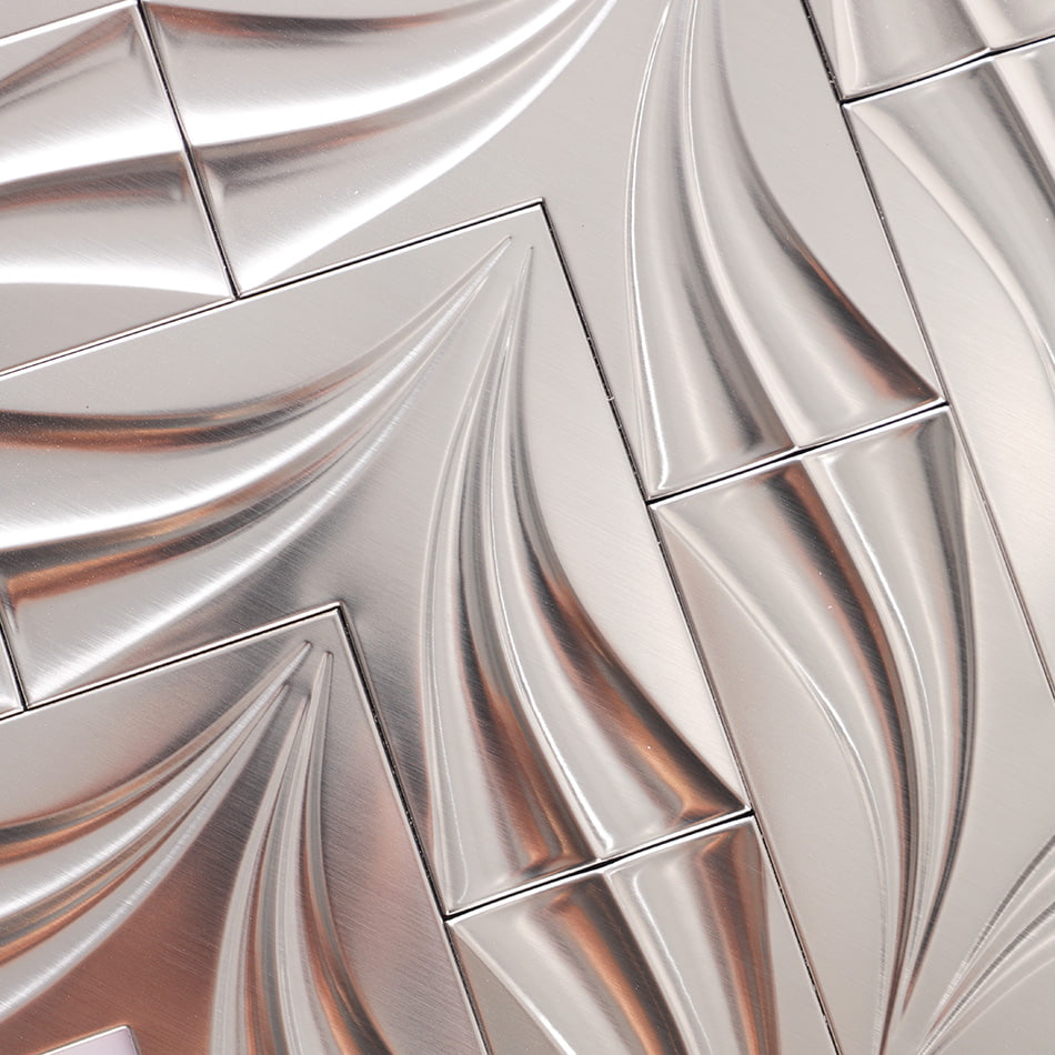Close-up of silver chevron stainless steel mosaic tile surface
