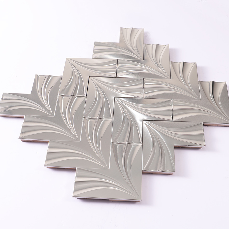 Perspective view of silver chevron stainless steel mosaic tile sheet