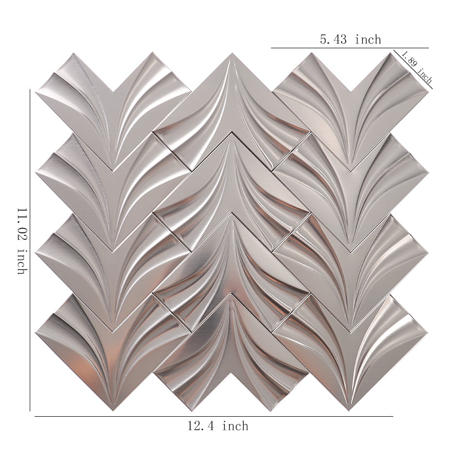 Silver chevron stainless steel mosaic tile sheet with size details