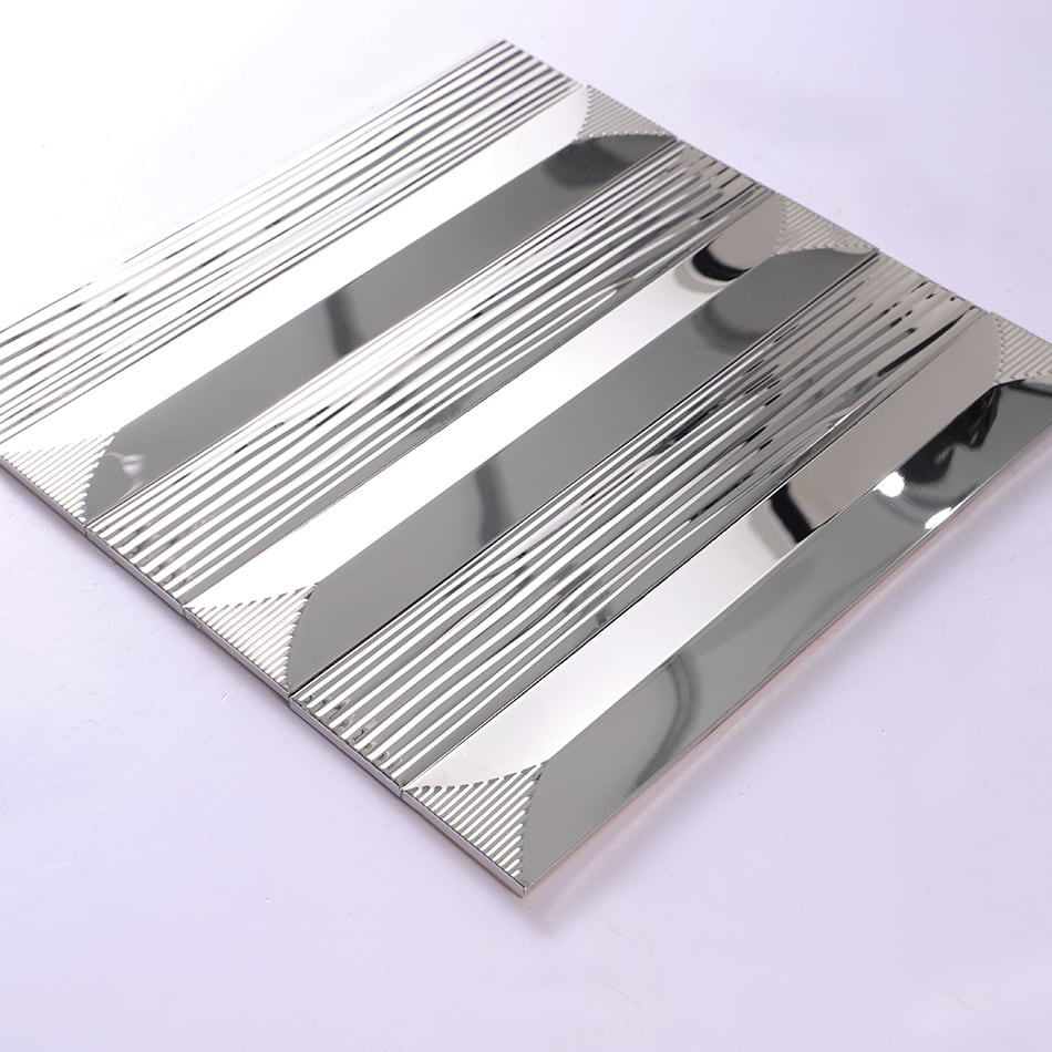Angle view of silver decorative long strip metal mosaic sheet