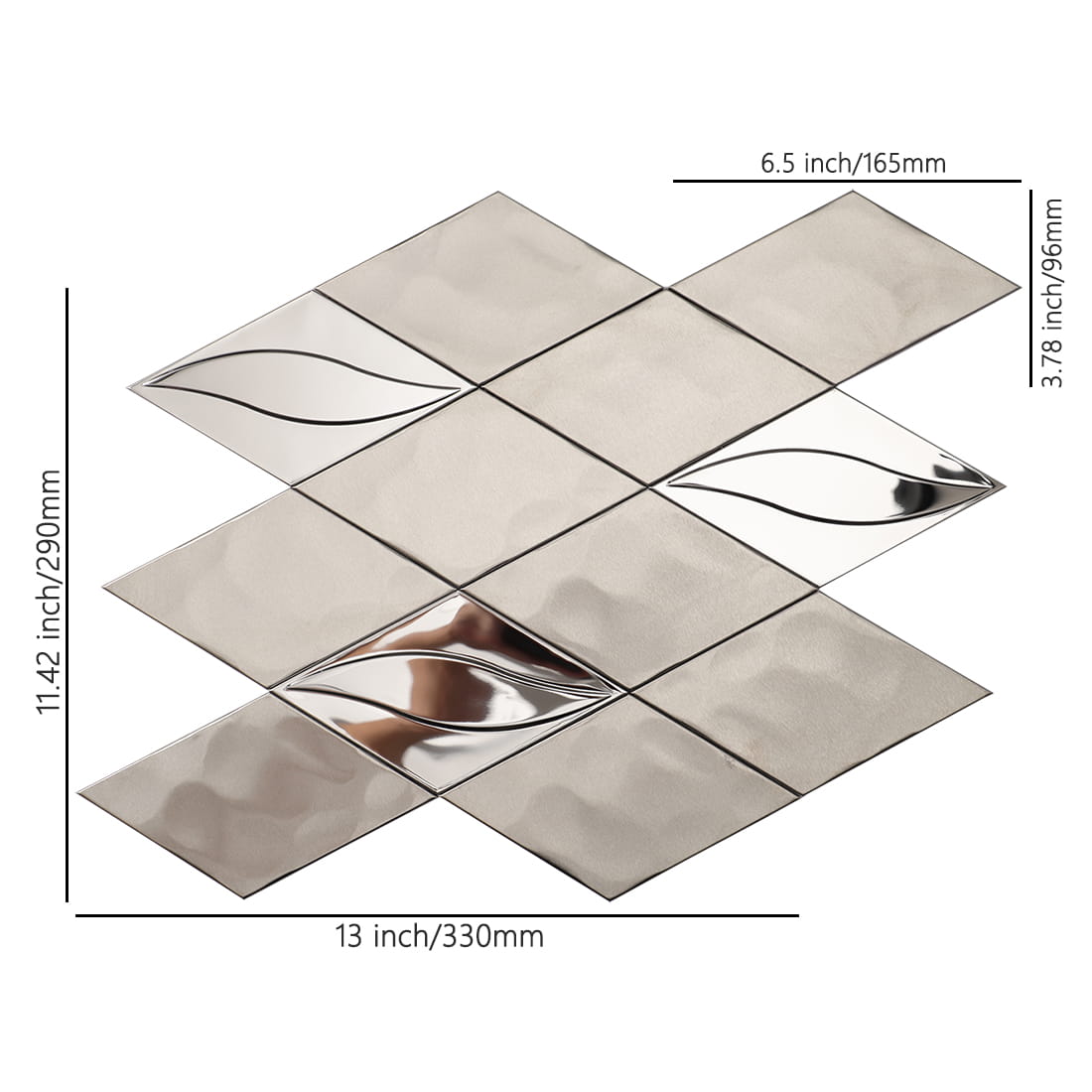 Silver diamond metal mosaic tile with measurement lines and text.