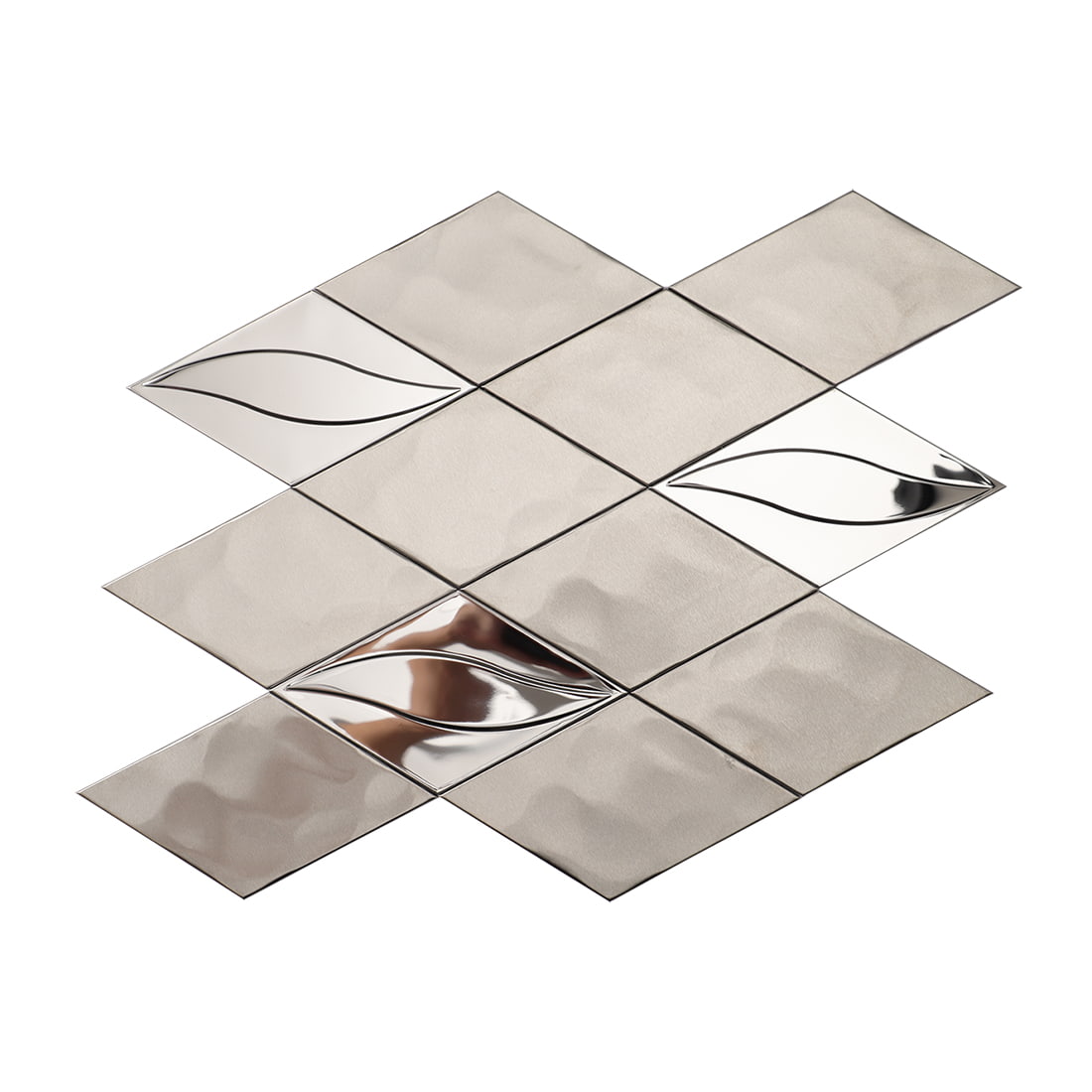 Full sheet of silver diamond stainless steel mosaic tile on white background.