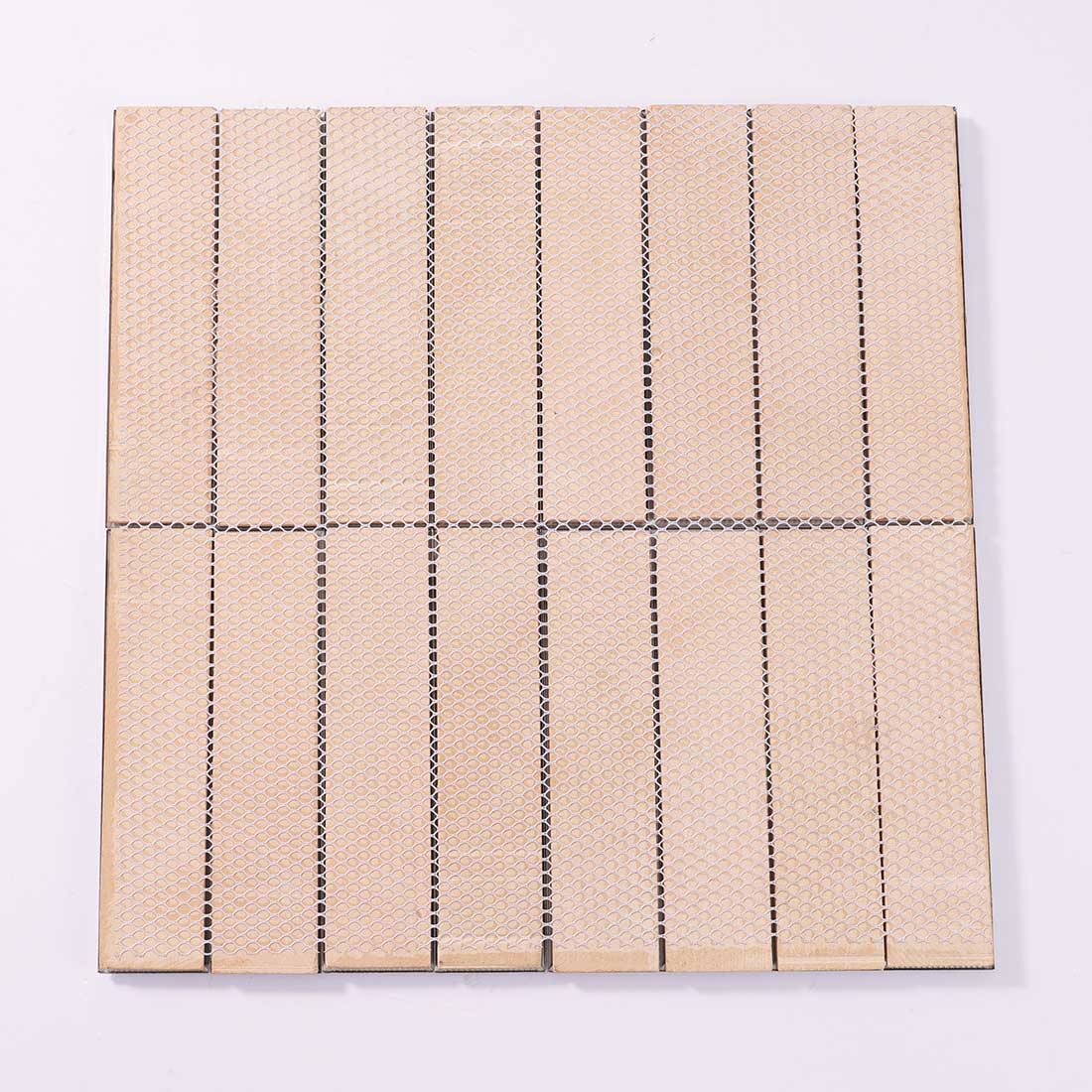 Back view of silver elongated leaf stainless steel mosaic tile sheet