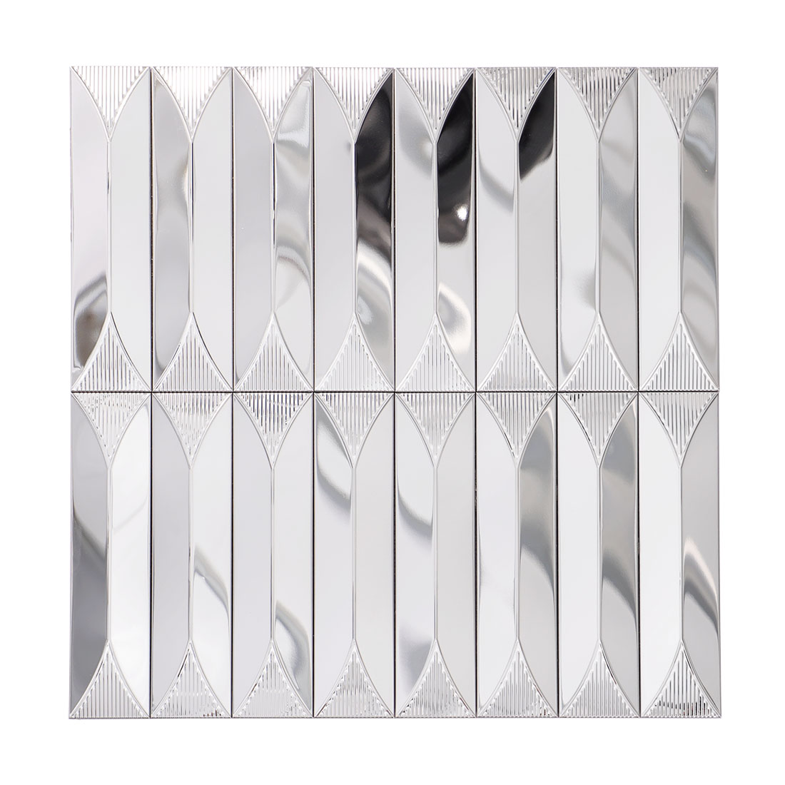 Silver elongated leaf stainless steel mosaic tile sheet front view