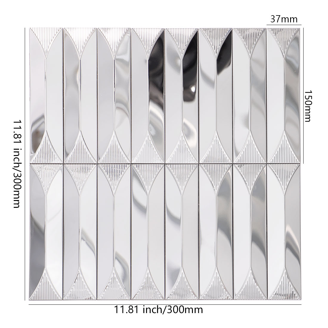 Silver elongated leaf stainless steel mosaic tile sheet with 37mm by 150mm pieces