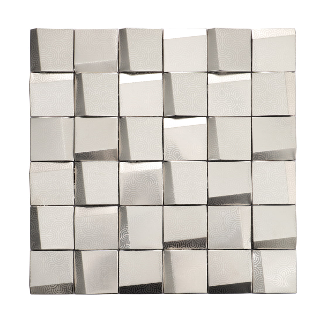 Full sheet of silver embossed square metal mosaic tiles