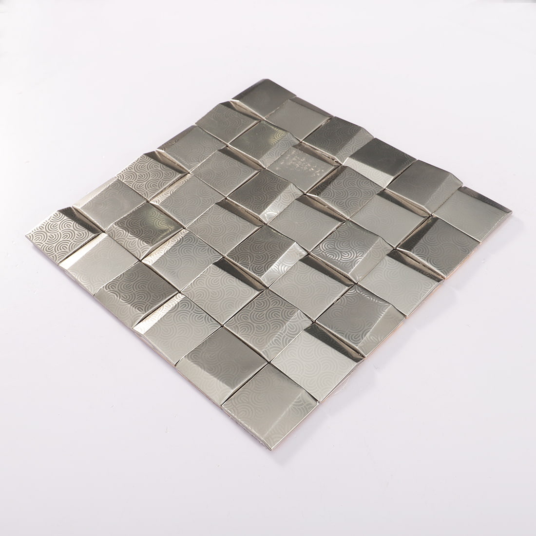 Perspective view of silver embossed square metal mosaic tile sheet
