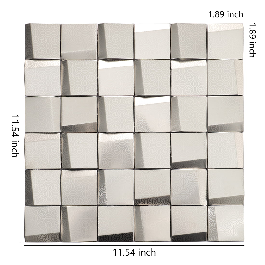 Silver embossed square metal mosaic tile sheet with size details
