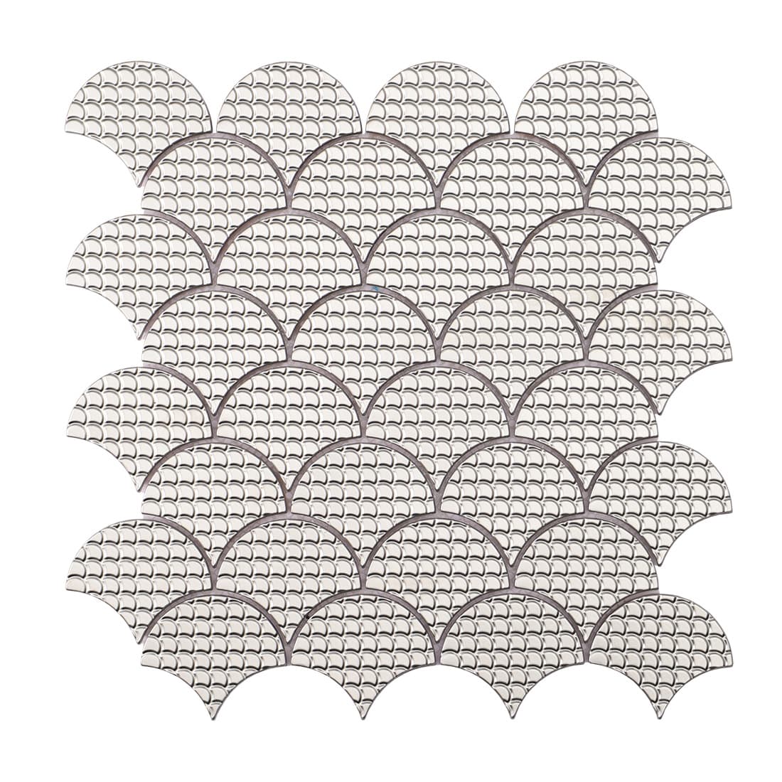 Full sheet of silver fish scale metal mosaic tile with raised scale pattern