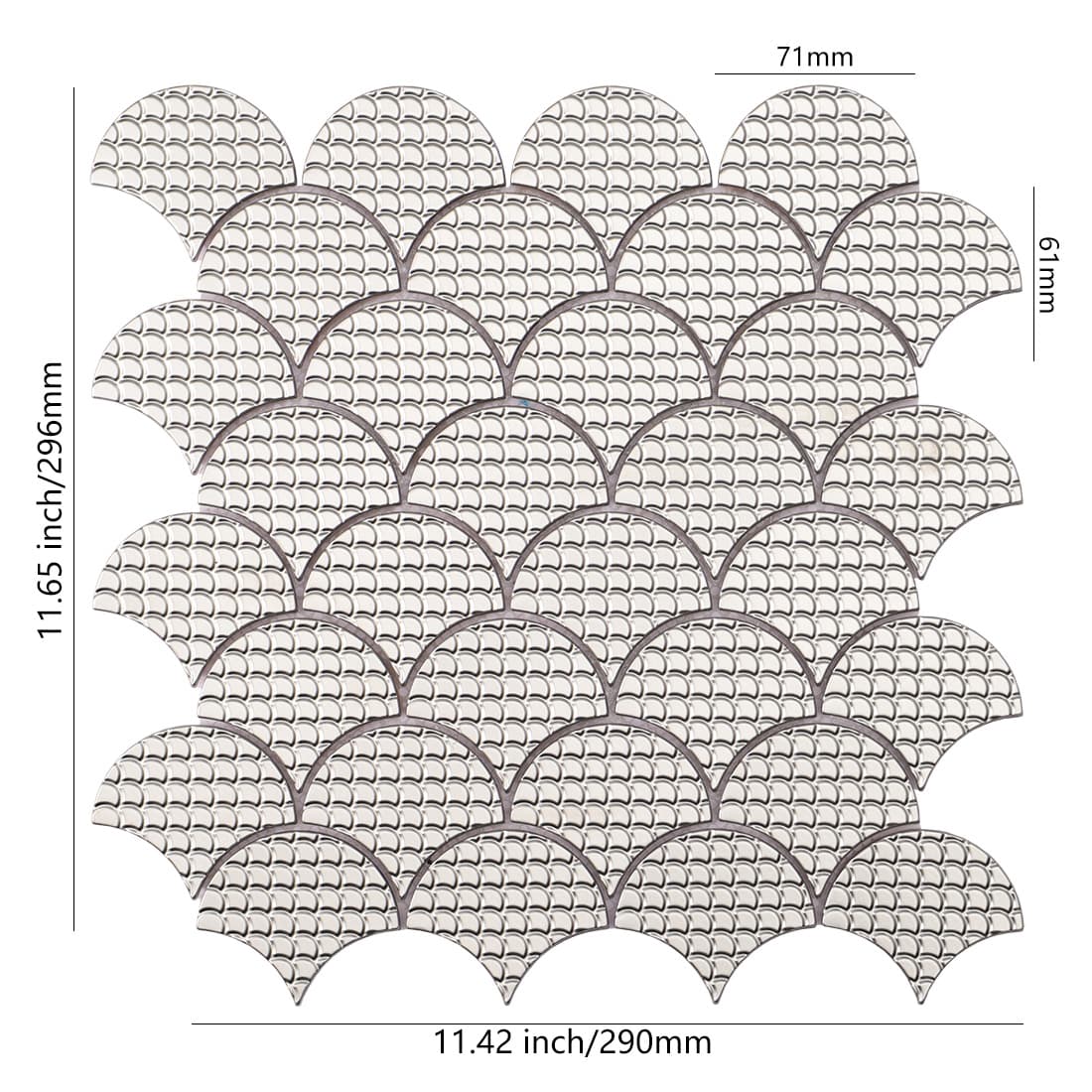 Silver fish scale metal mosaic tile sheet with size details