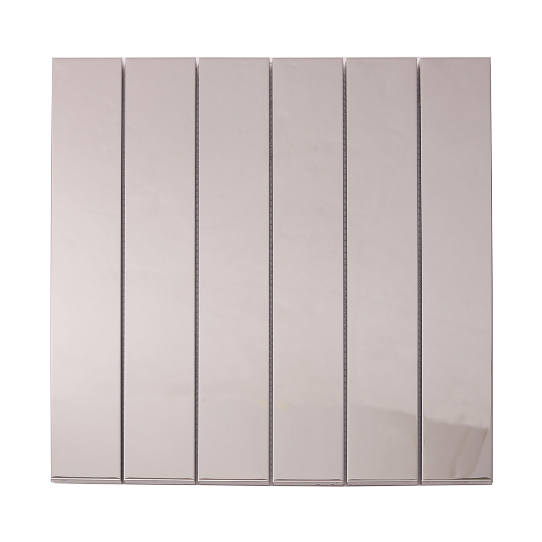 Square sheet of silver mirror finish linear stainless steel tiles.