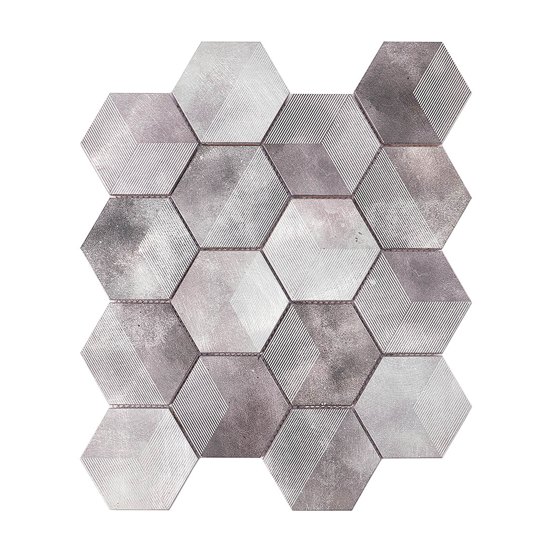 Silver grey 3D cube geometric hexagon aluminum metal mosaic sheet front view