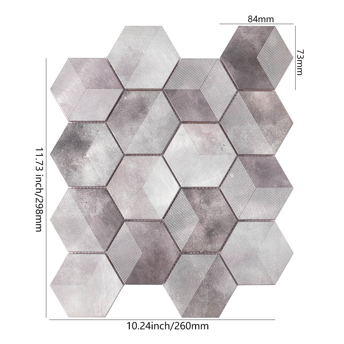 Silver grey 3D cube hexagon aluminum mosaic tile sheet dimensions