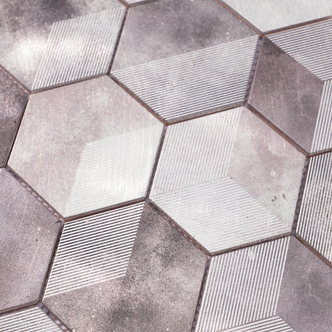 High angle view of silver grey 3D hexagon aluminum tile surface texture
