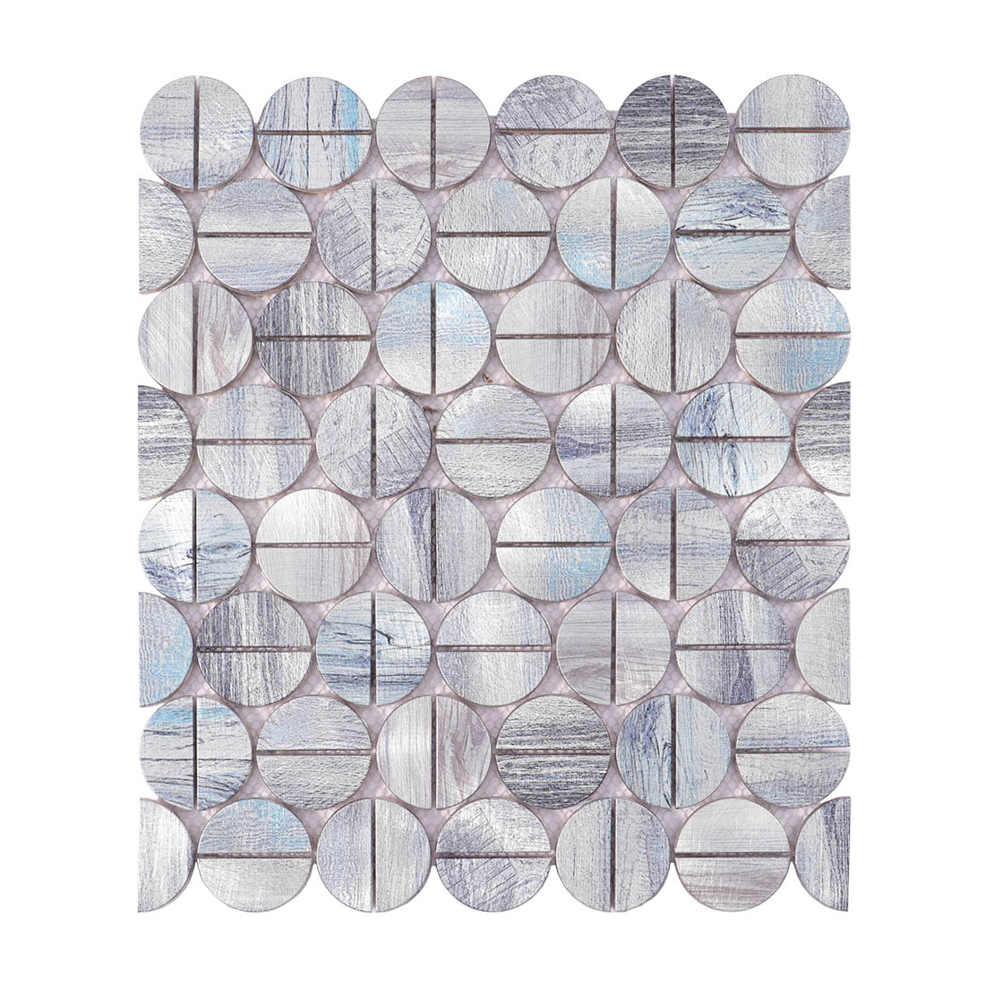 Silver and light blue brushed round geometric aluminum mosaic sheet front view