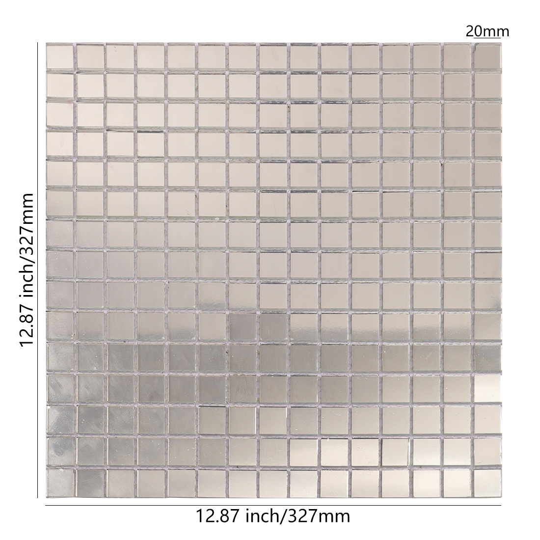 Silver mirror 20mm square glass mosaic tile sheet with size details