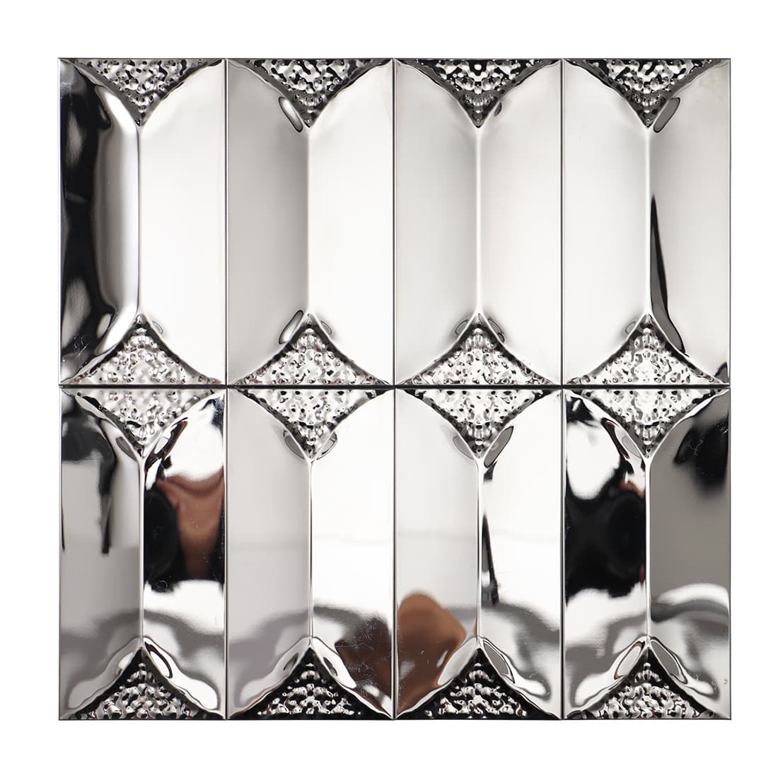 Full square sheet of mirror finish silver 3D beveled picket mosaic tiles