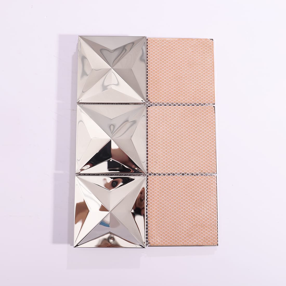 Back view of silver mirror 3D square stainless steel mosaic tile sheet
