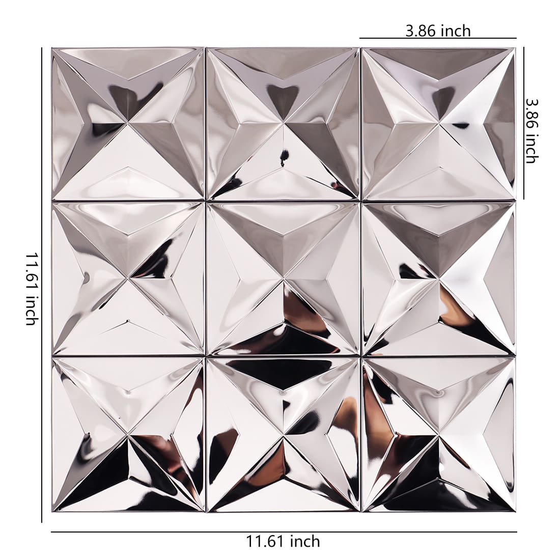 Silver mirror 3D square stainless steel mosaic tile sheet with size details