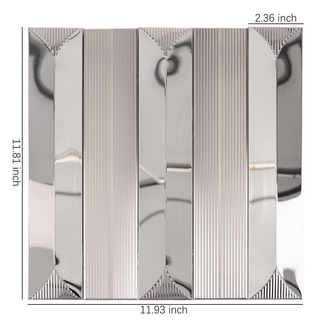 Silver mirror and fluted metal mosaic tile sheet with size details