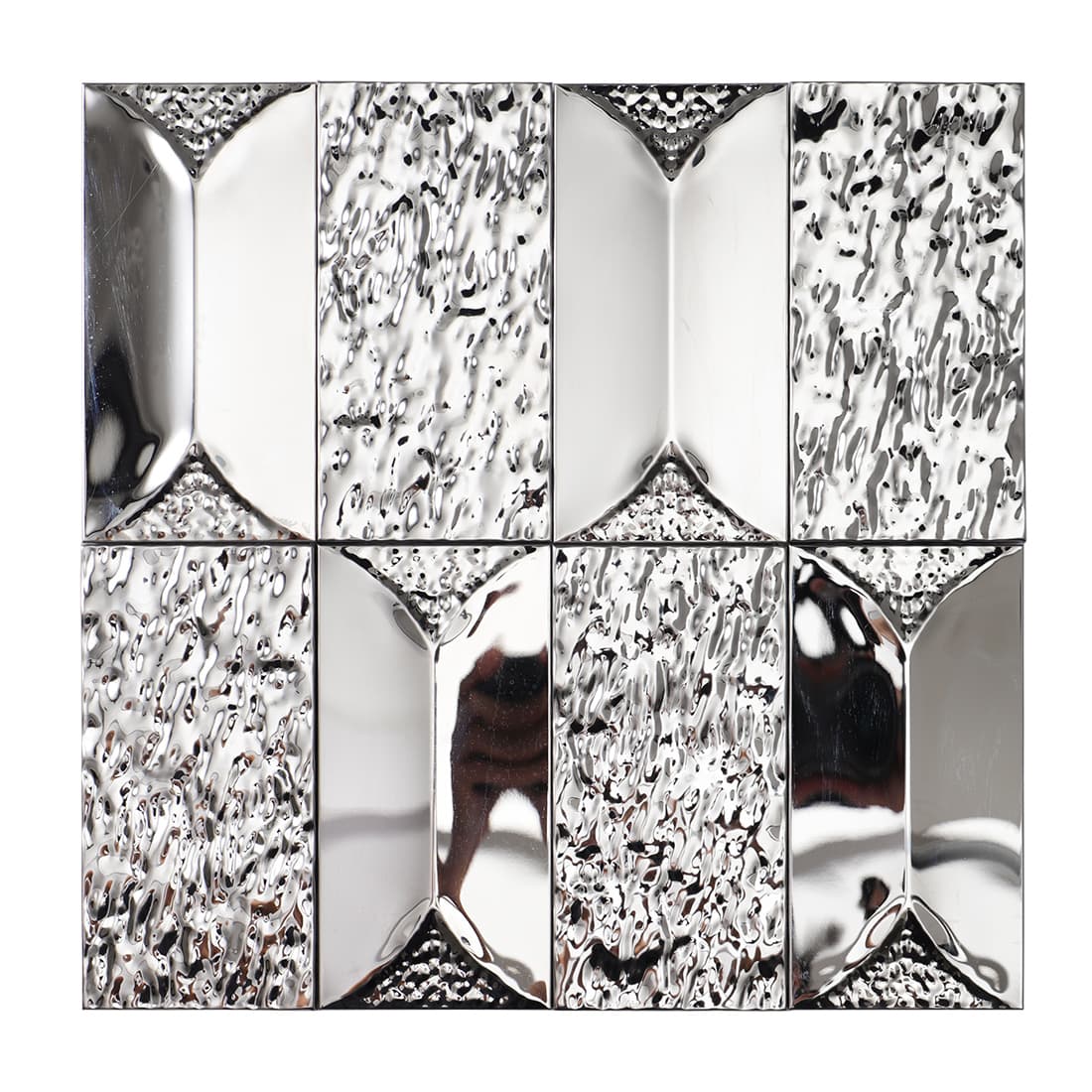 Square sheet of silver 3D beveled tiles with mirror and ripple finishes.