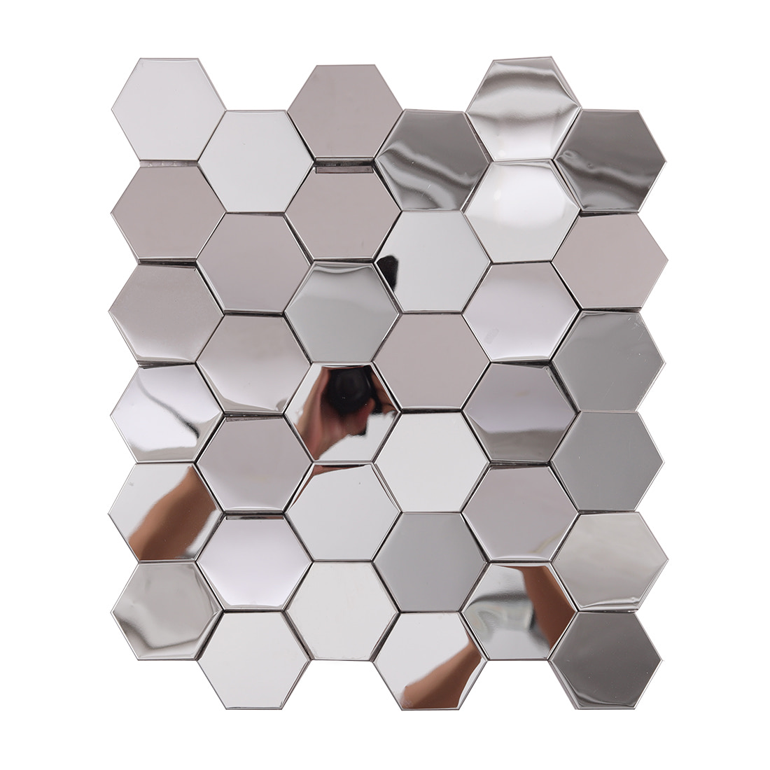 Silver mirror hexagon metal mosaic tile panel with glossy reflective finish