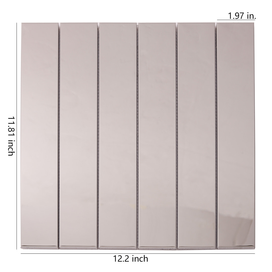 Front view of silver mirror linear tile sheet with dimensions.