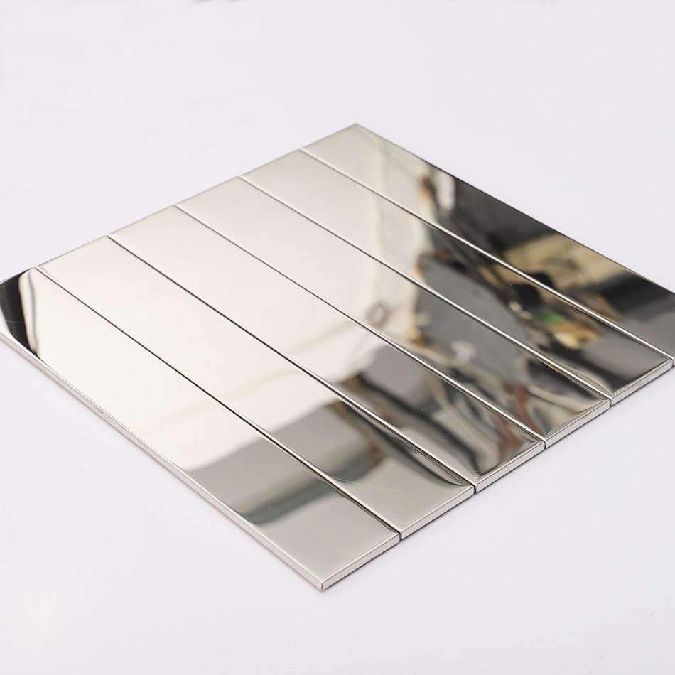 Angled view of silver mirror long strip tile sheet with sleek reflective finish