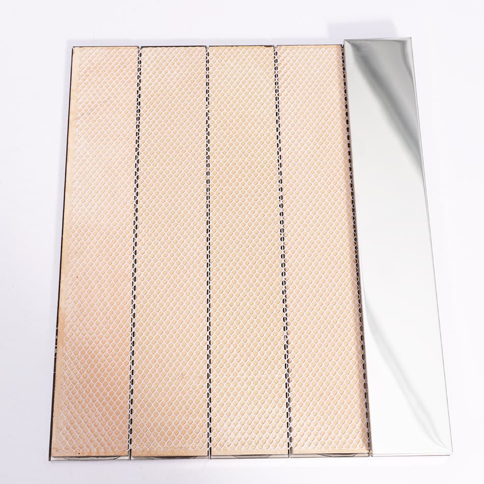 Back view of silver mirror long strip tile sheet with mesh mounting