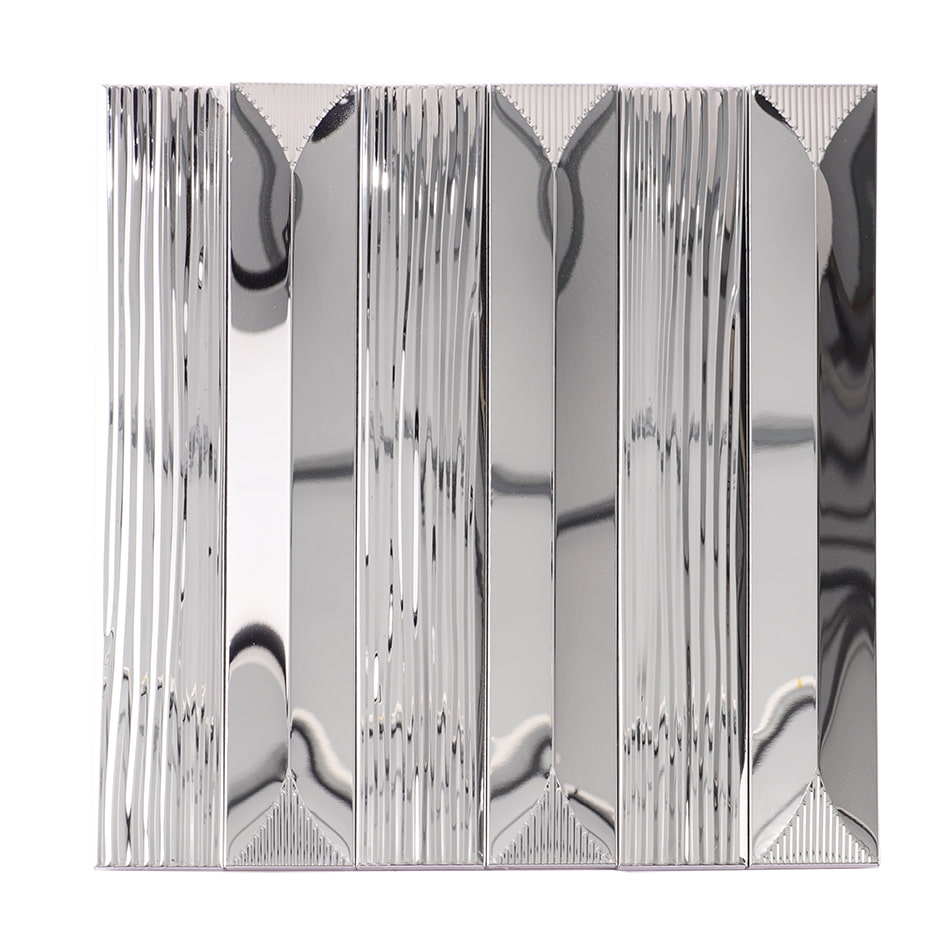 Full sheet display of silver pointed arch strip metal mosaic